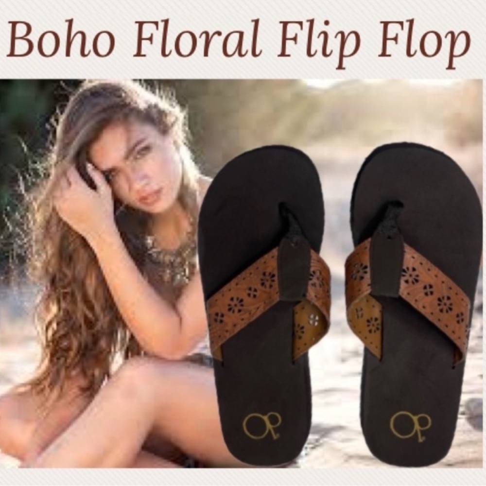 Brown Floral Flip Flops OP Summer Comfort Resortwear Women’s Size 9-10